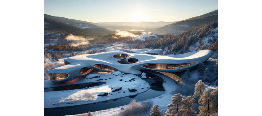 AI Concept: THIS NORDIC HOTEL’S ARCHITECTURE BLENDS BEAUTIFULLY INTO THE ORGANIC SNOW-CAPPED MOUNTAIN SLOPES