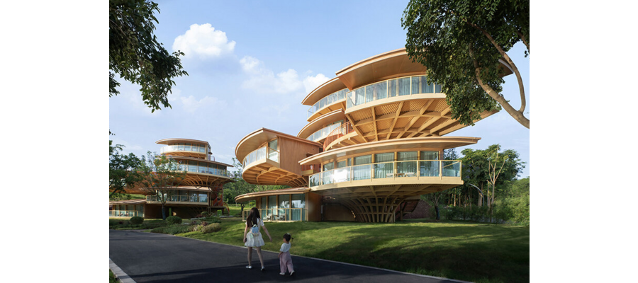 WH studio's nanxi hotel inspired by clustered treehouses and leaf anatomy